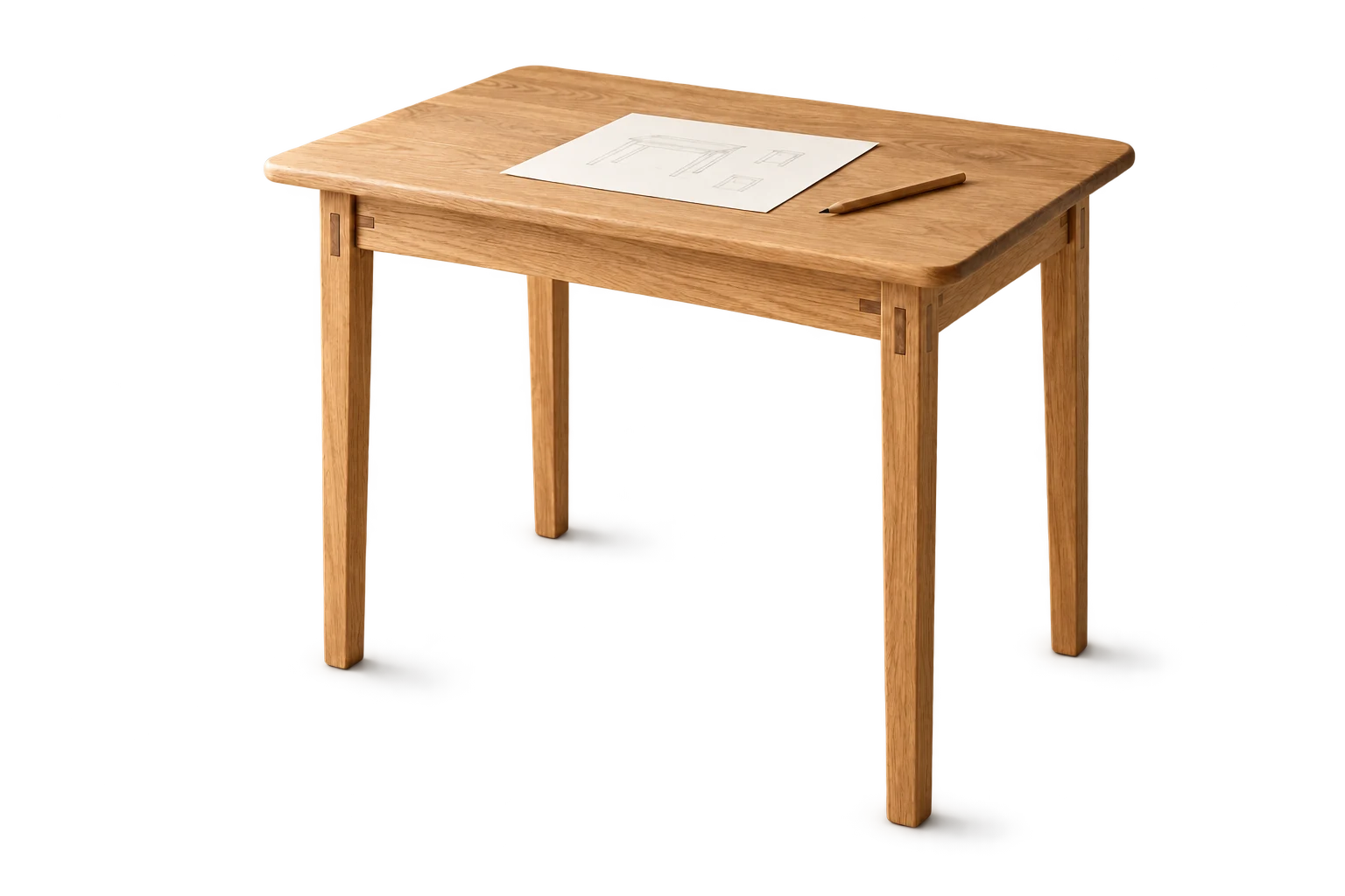 An oak table with a furniture sketch and pencil, imagining the journey from an idea to a finished piece.