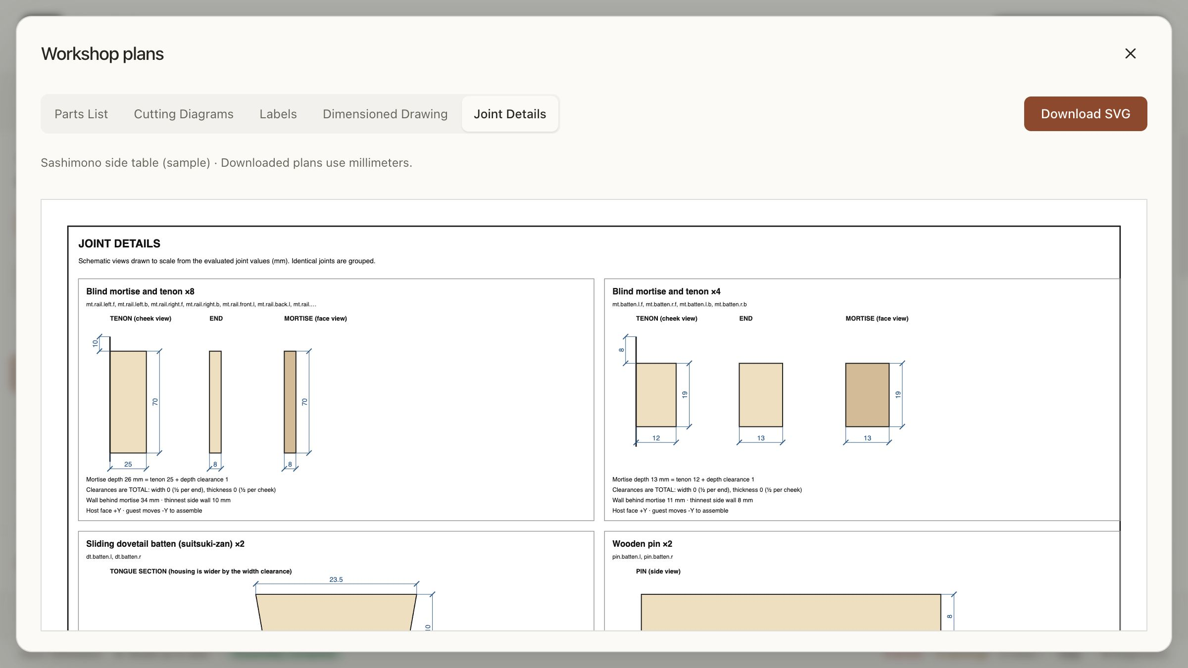 Joint detail sheets for mortise and tenon, sliding dovetail battens, and wooden pins with dimensions.