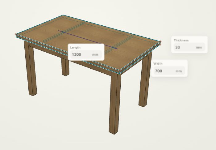 The complete oak table with its top selected and editable length, width, and thickness measurements.