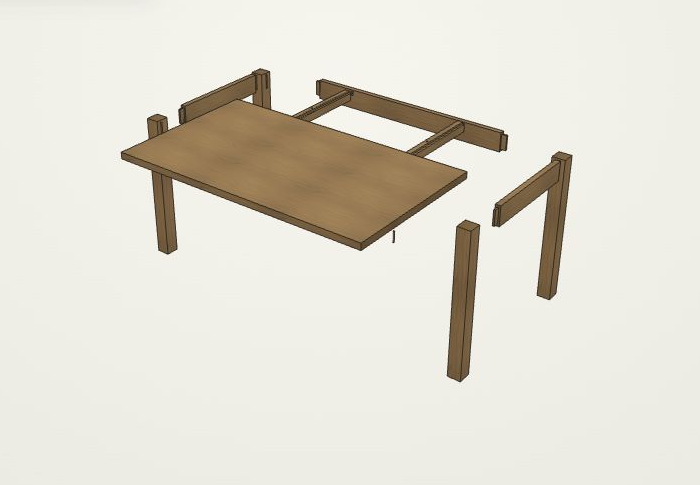 The oak table separated into its top, rails, battens, and legs against a clean neutral background.